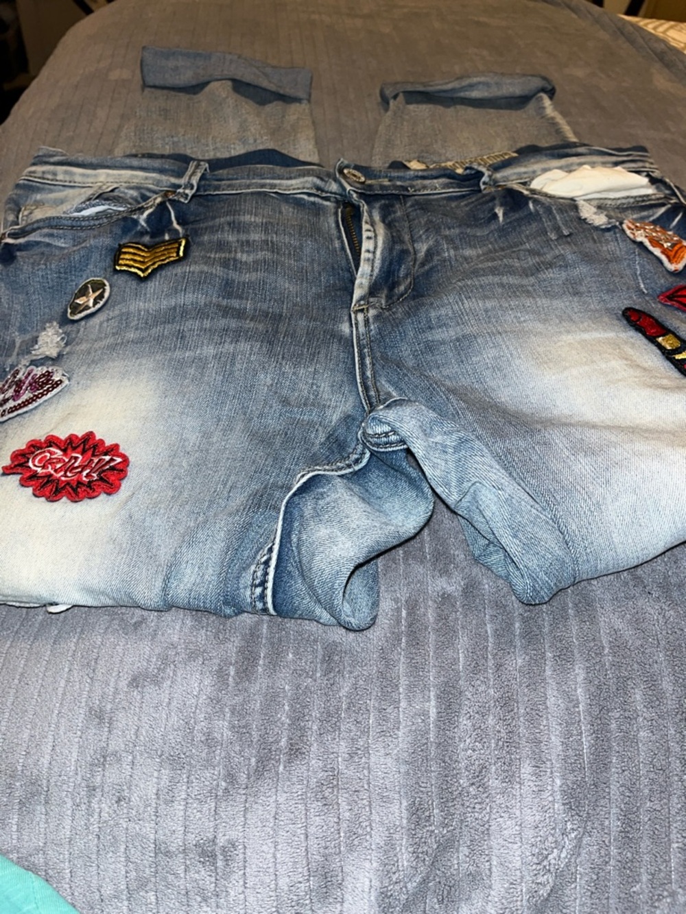 Indigo Rein Light Blue Distressed Denim Patch Shorts